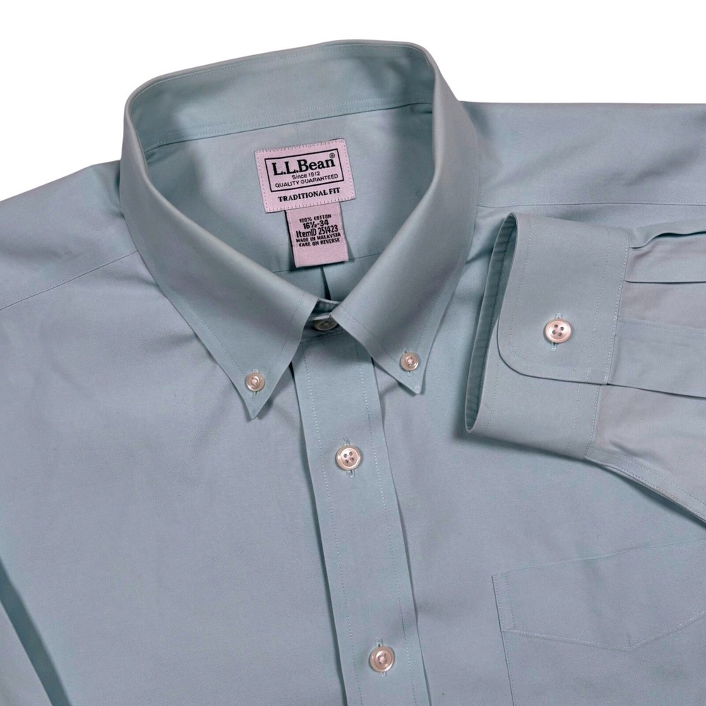 L.L. Bean Button-Down Shirt Mens L 16.5-34 Bluish Green Oxford No Wrinkle Dress